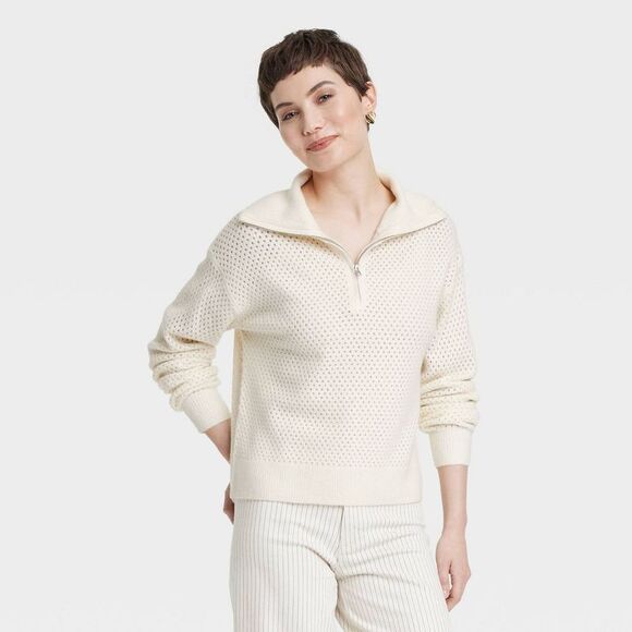 Universal Thread - Women's Quarter Zip Collared Pullover Sweater - Un Cream - Picture 1 of 3